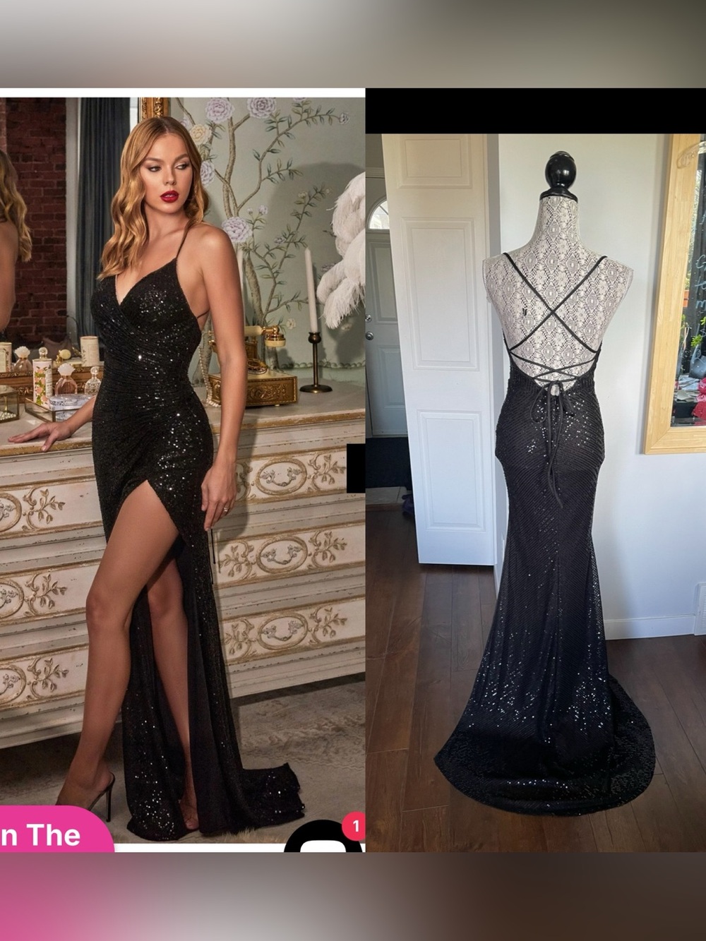 Stunning Open Back Surplice Faux Wrap High Slit Maxi Dress Gown Black Sequin. XS